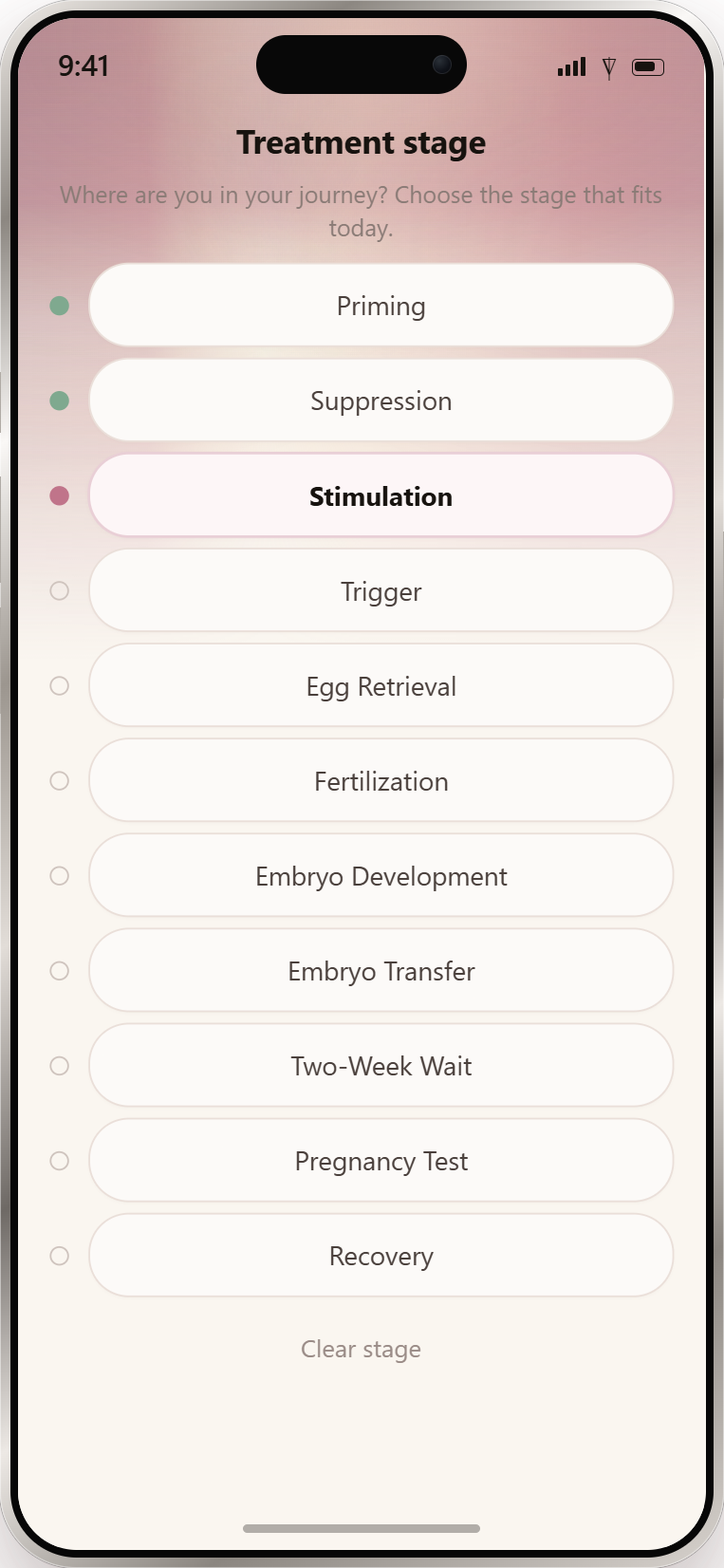 Cove IVF cycle timeline showing treatment stages from priming to recovery, with the current stage highlighted