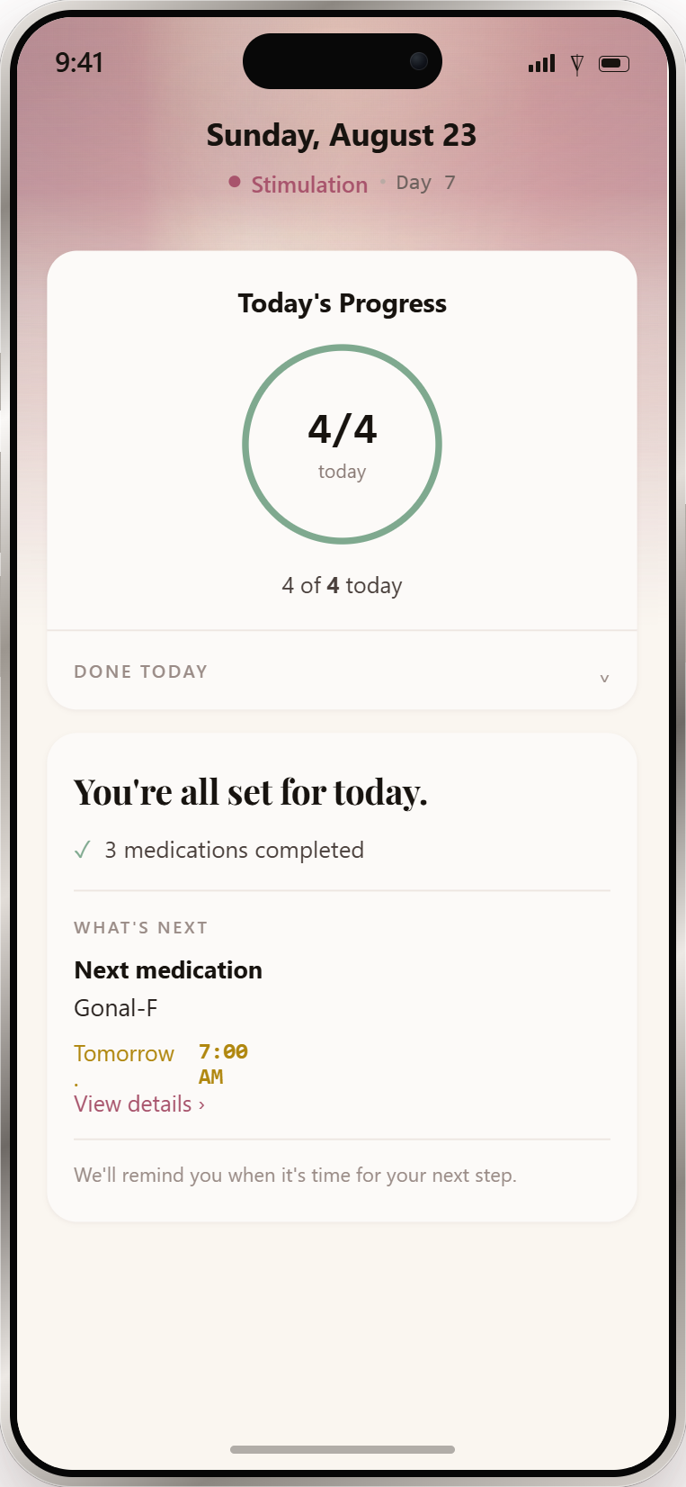 Cove IVF tracker Today screen showing an evening medication lineup, progress ring, and next dose